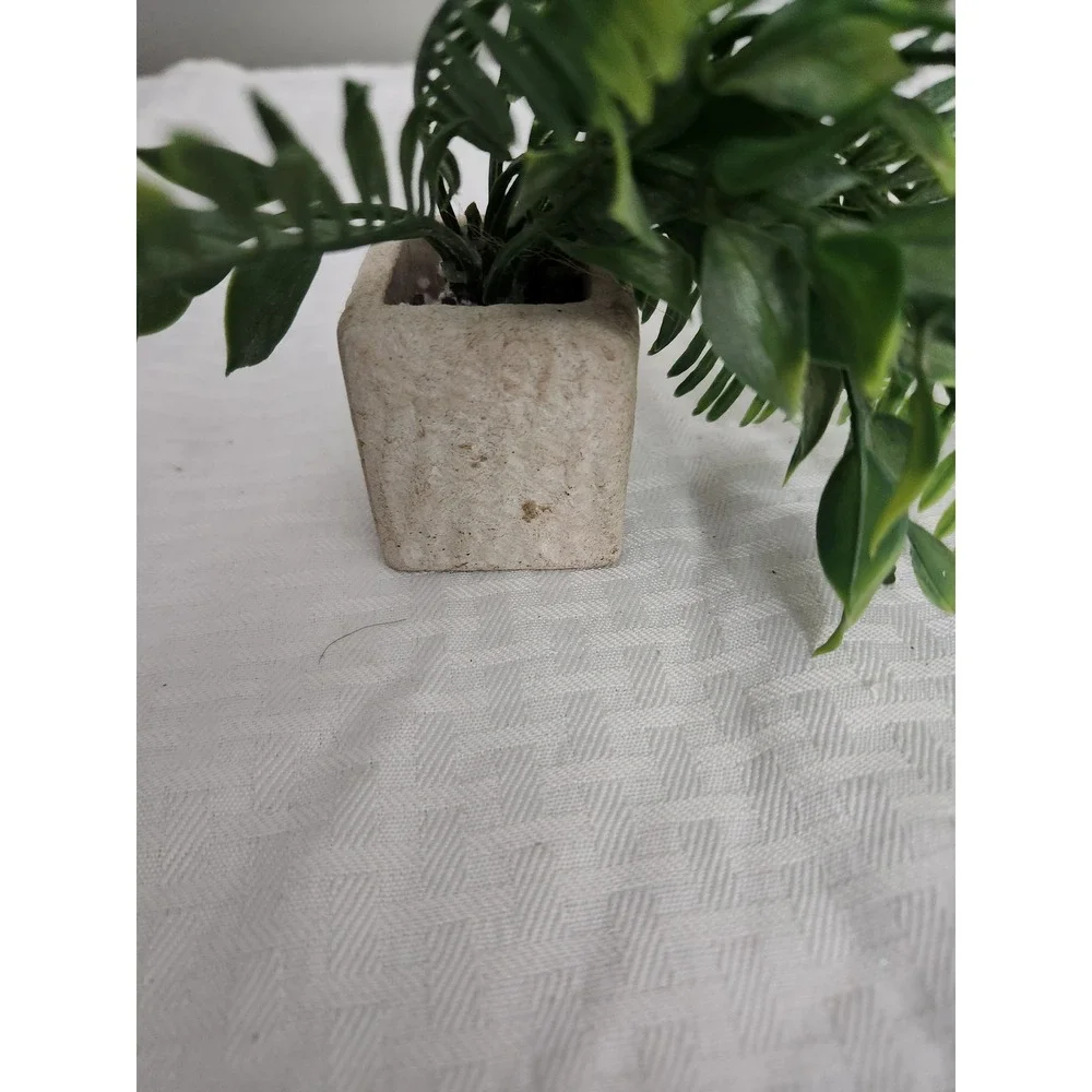 Small Artificial Green Foliage Plant in Square Stone Look Pot Faux Greenery